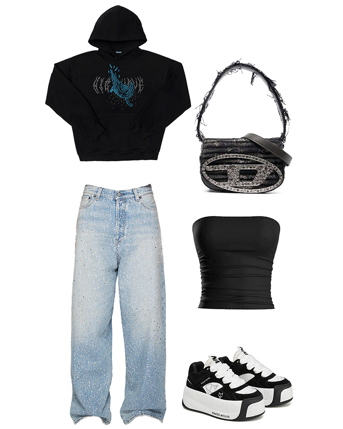 Przykładowe stylizacje z czarną bluzą z kryształkami BLING