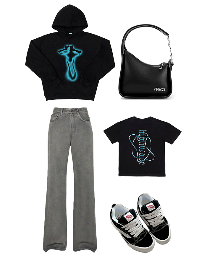 Przykładowe stylizacje z czarną bluzą z nadrukiem GHOST