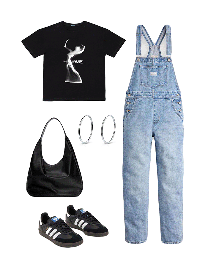 Przykładowe stylizacje z czarną koszulką z nadrukiem GHOST