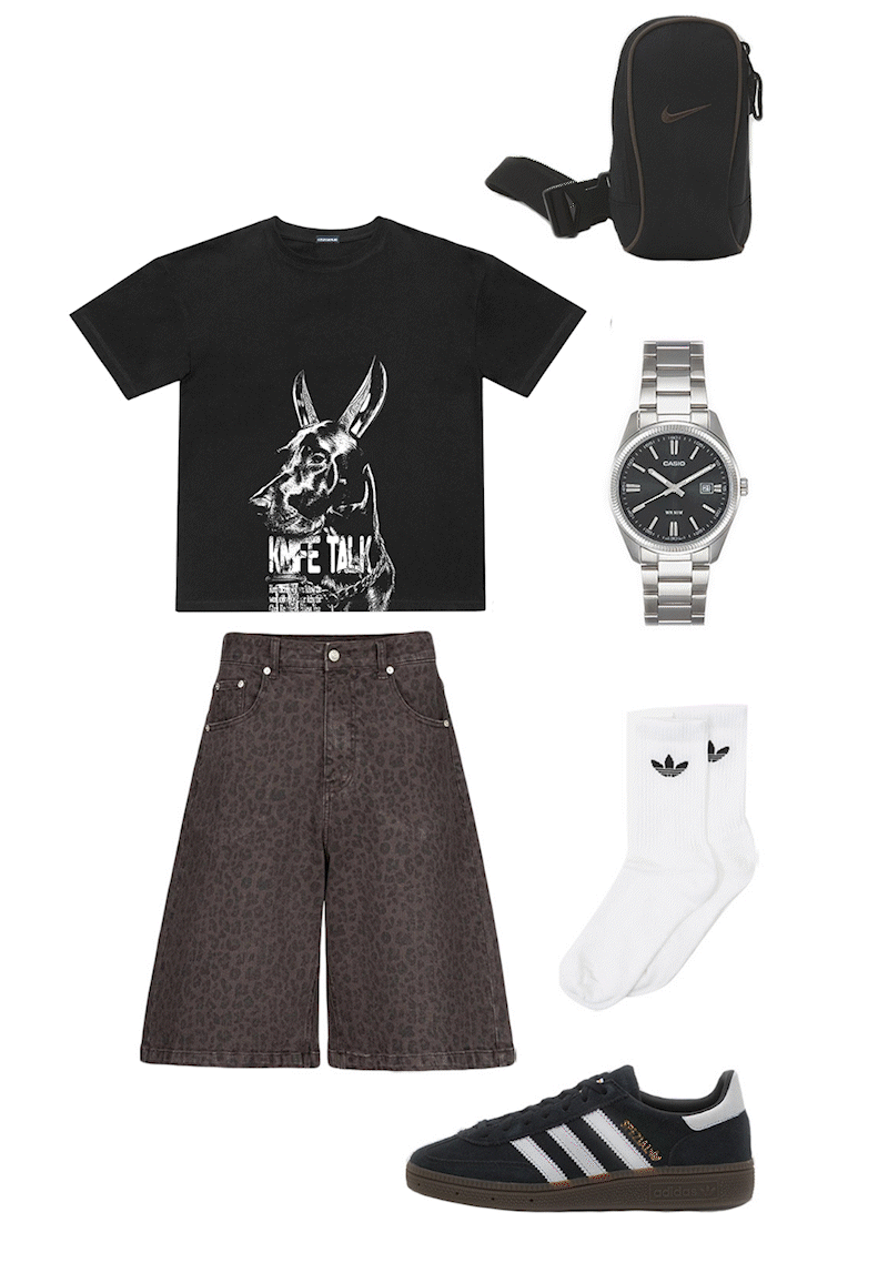 Przykładowe stylizacje z koszulką KNIFE TALK z dobermanem