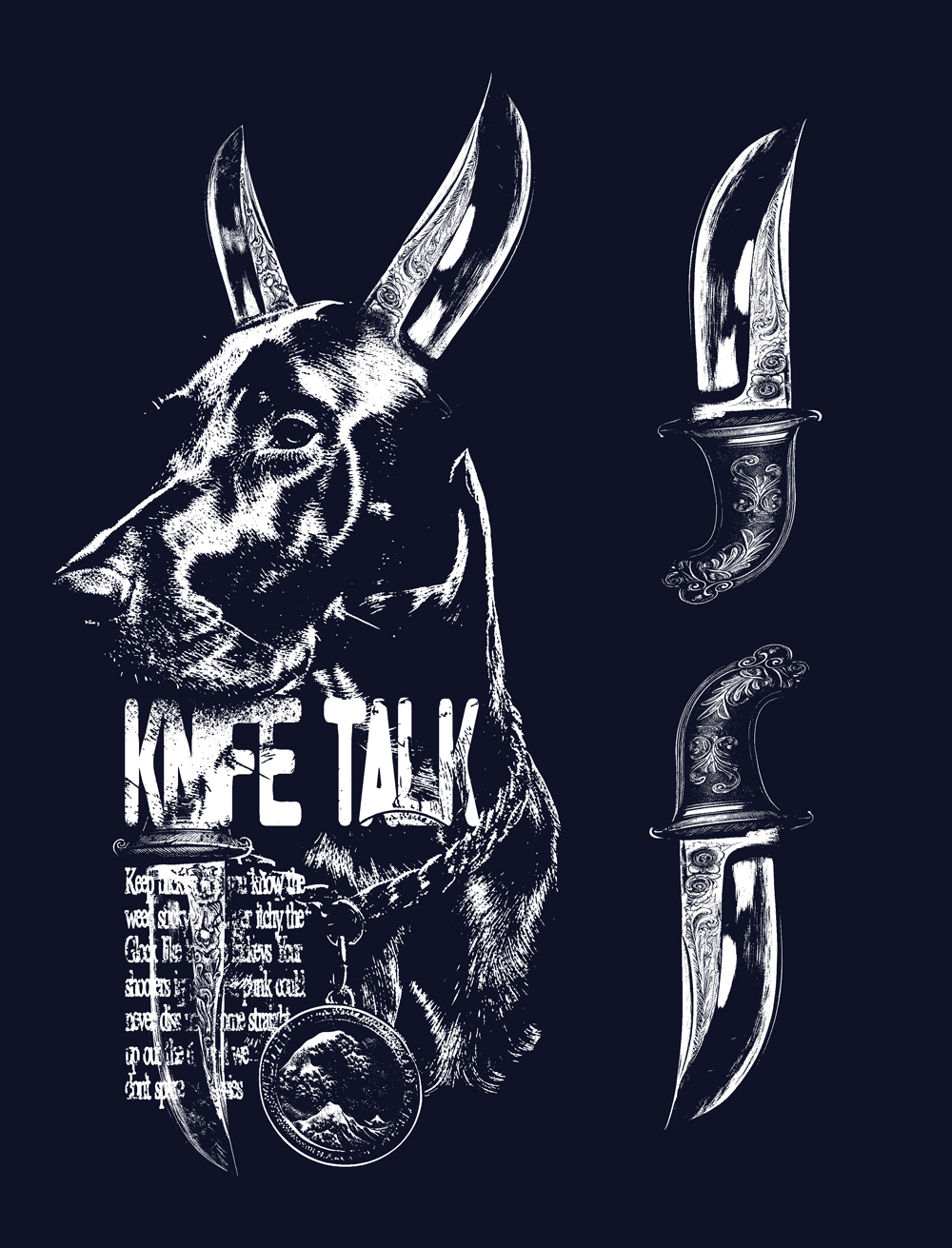Pies doberman z nożami - grafika z koszulki