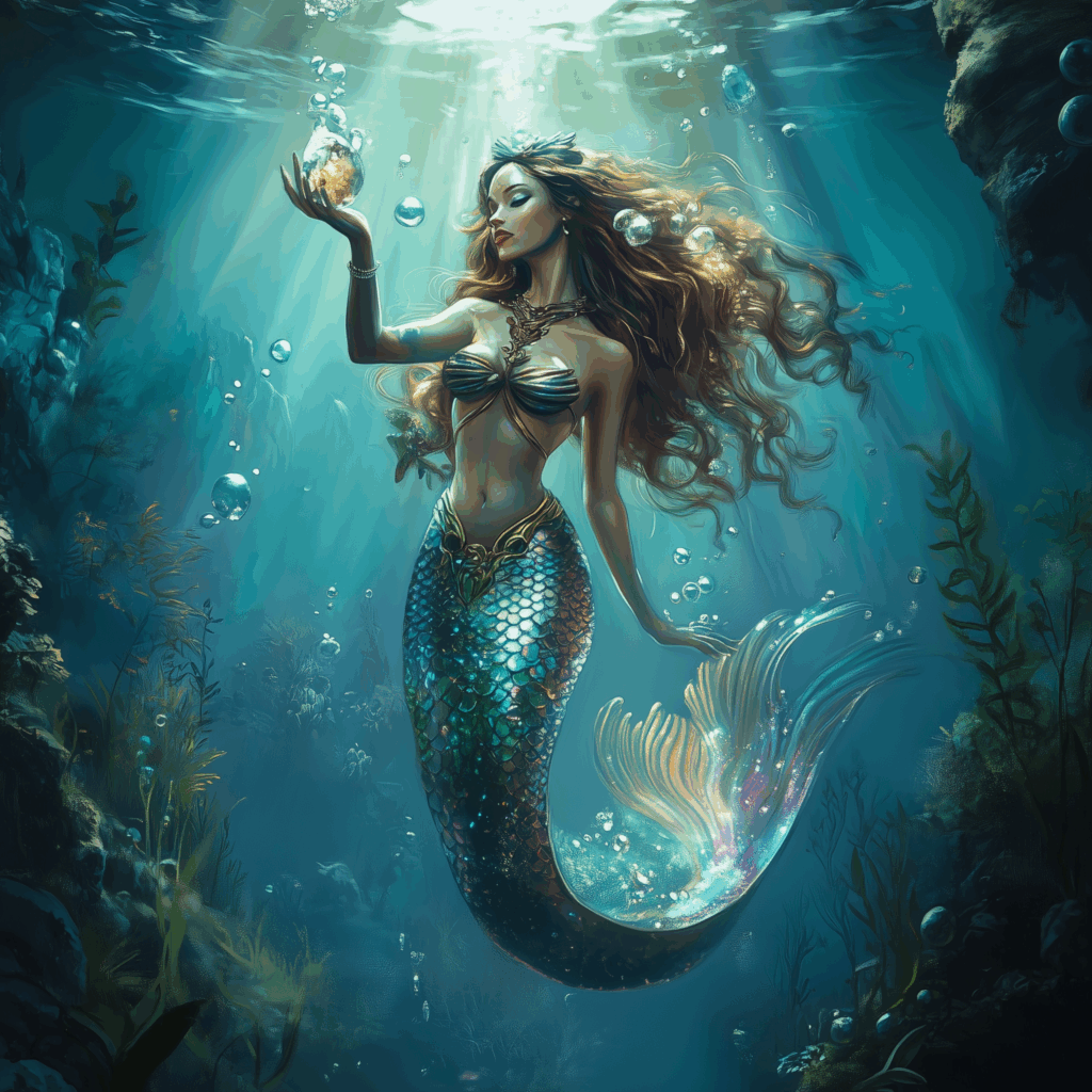 Ilustracja syreny Lyris – mitycznej postaci z uniwersum Highwave, z kolorowym ogonem, koroną i perłą w dłoni, unosząca się w świetle podwodnych głębin