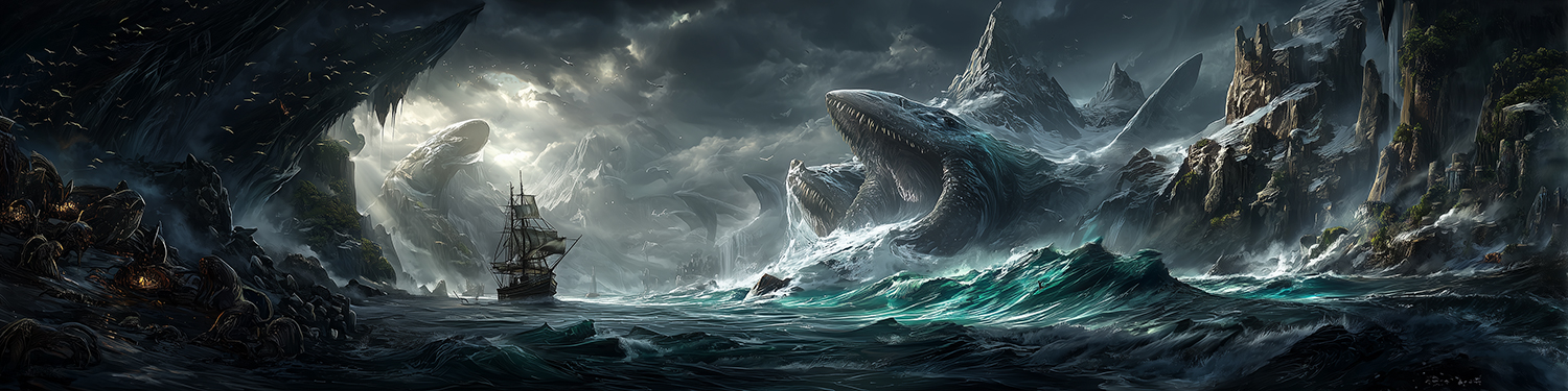 Ilustracja przedstawiająca mroczne, fantastyczne wybrzeże po odegraniu mitycznej melodii. Gigantyczne morskie bestie wyłaniają się z fal i cofają w głąb oceanu. W centrum żaglowiec dryfuje wśród sztormowych wód, otoczony strzelistymi skałami i tajemniczym światłem przebijającym przez chmury.