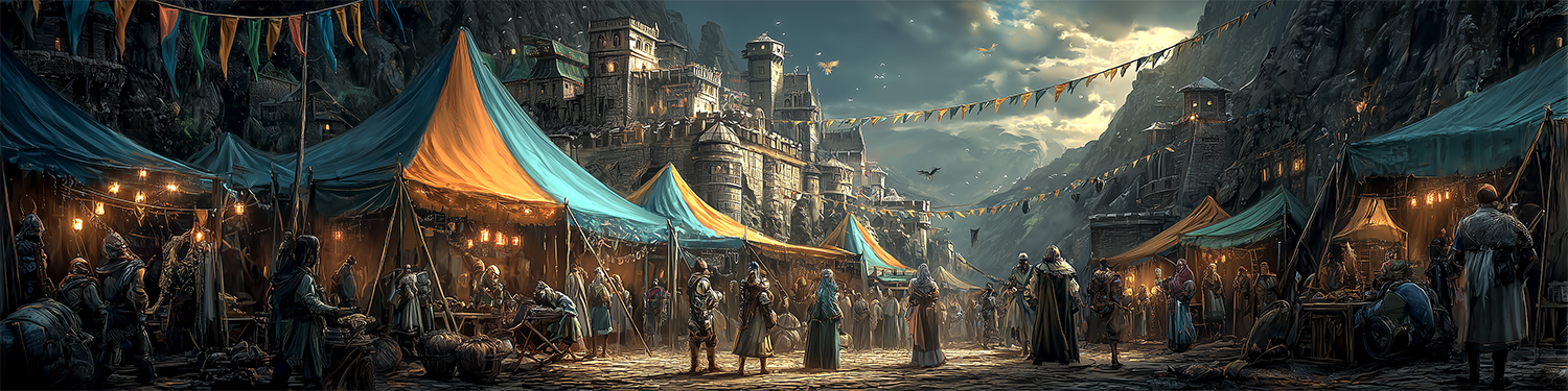 Ilustracja fantasy przedstawiająca targowisko w górskim mieście, otoczone namiotami, rycerzami, handlarzami i klanami. Banery powiewają między skałami, a w tle widać monumentalne fortyfikacje i zachmurzone niebo. Klimatyczna scena z uniwersum Archipelagu.