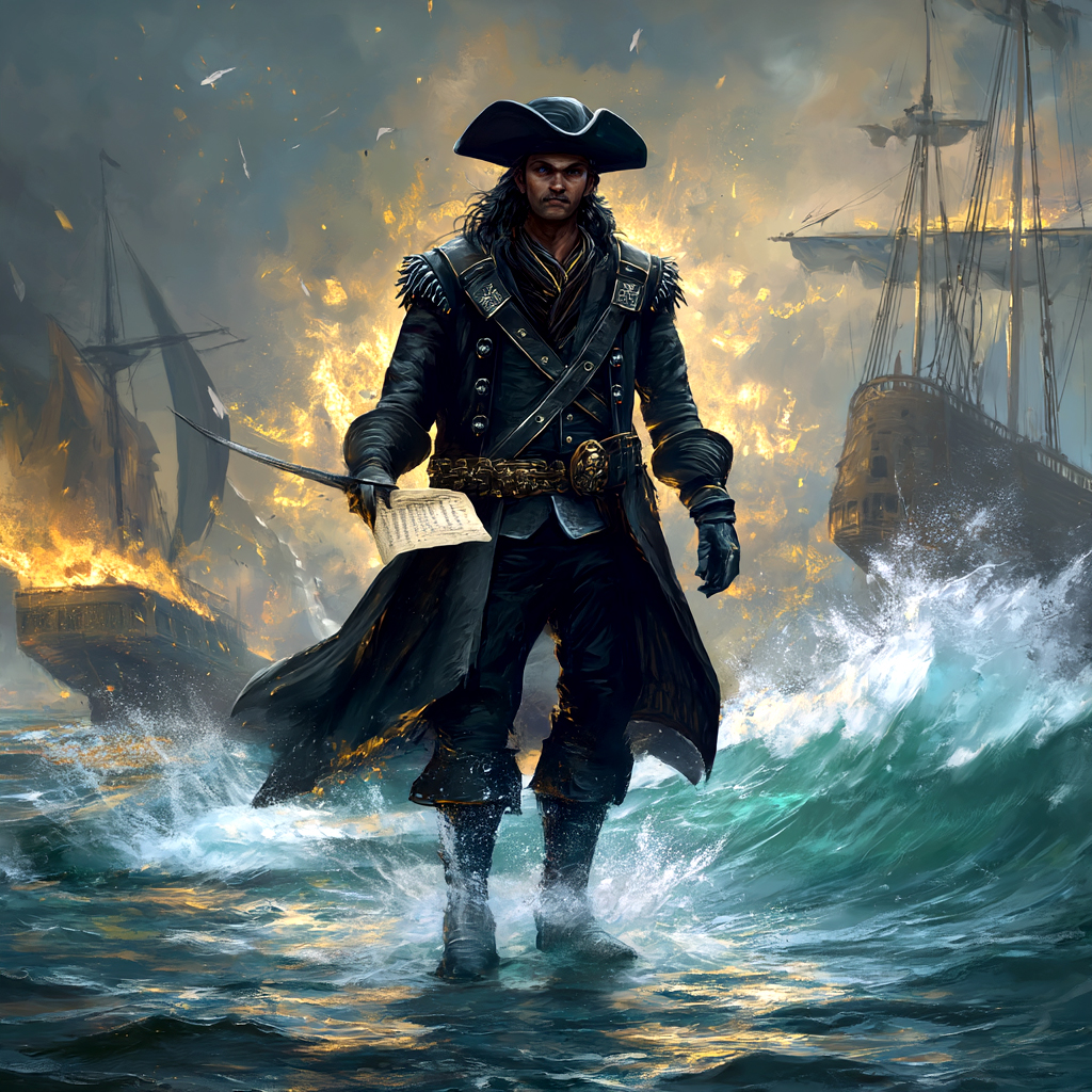 Kapitan Raven Tide z Klanu Czarny Żagiel stoi wśród fal, z płonącymi okrętami w tle. Ilustracja z karty kolekcjonerskiej: Raven Tide.