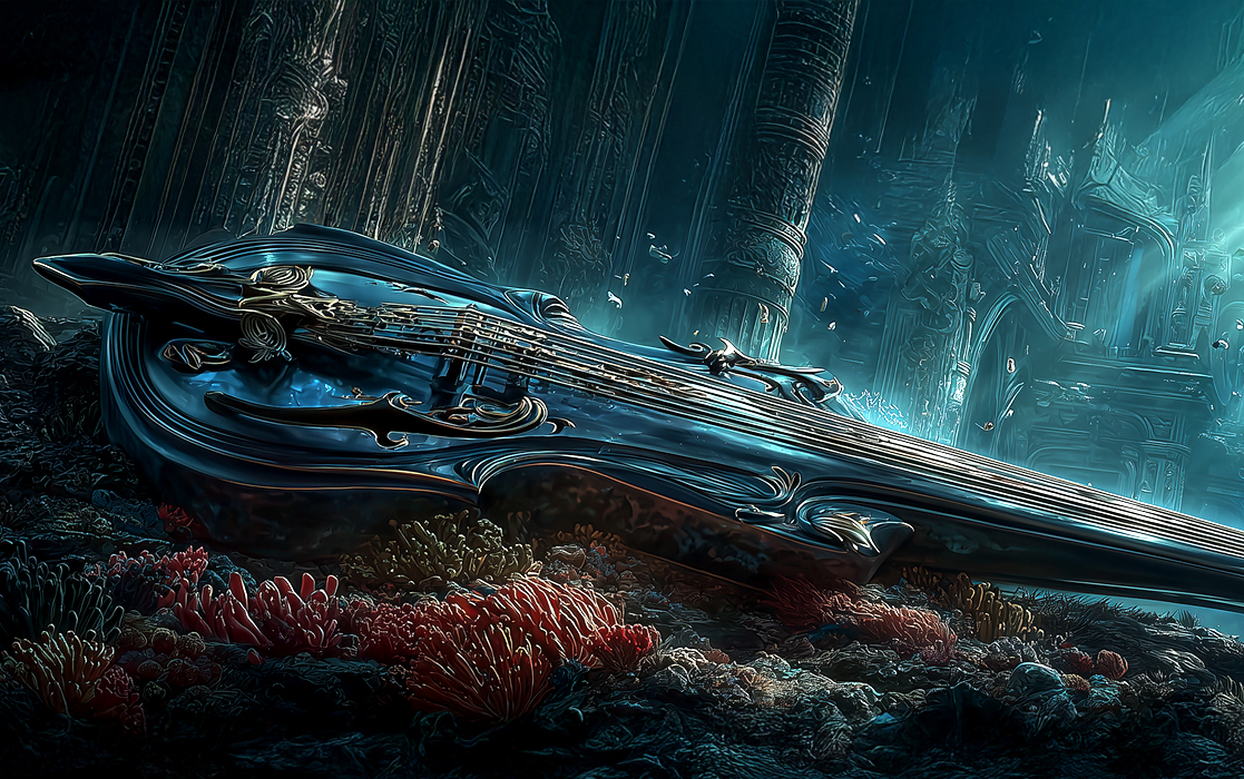 Magiczny instrument na dnie oceanu – ilustracja fantasy mobile