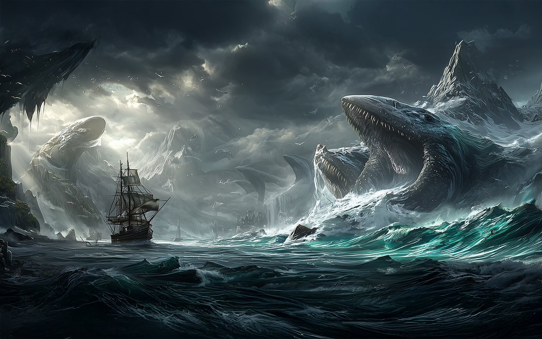 Morskie bestie i statek na oceanie – fantasy scena mobilna