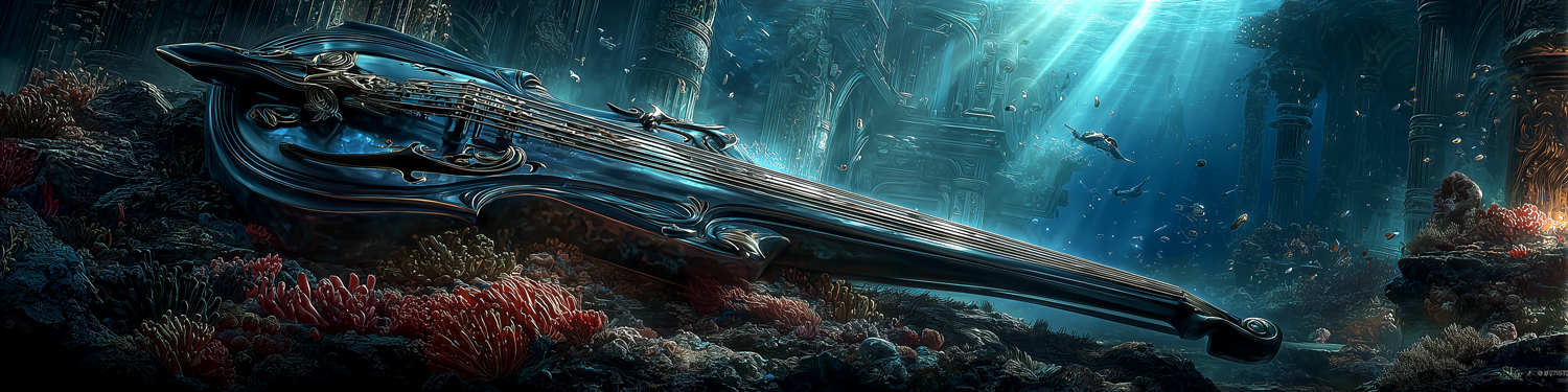 Ilustracja fantasy przedstawiająca ogromny magiczny instrument spoczywający na dnie oceanu, wśród starożytnych ruin i koralowców. Promienie światła przebijają przez wodę, tworząc mistyczną atmosferę.