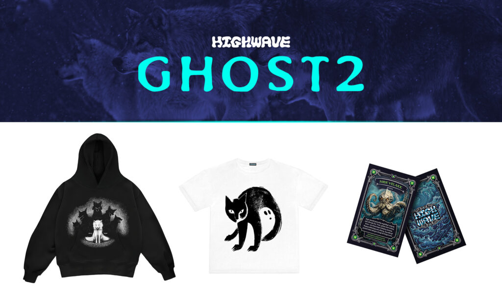 Kolekcja GHOST 2 marki Highwave - czarna bluza z wilkiem, biała koszulka z kotem i karta kolekcjonerska fantasy