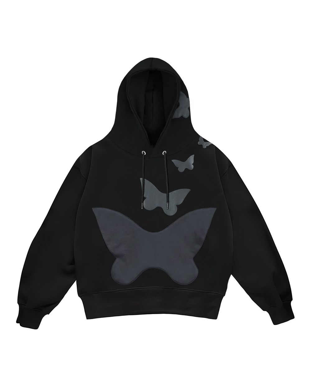 Bluza z motylem - czarna bluza z kapturem z funkcjonalną kieszenią w kształcie motyla i puff printem nad nią